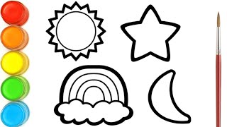 Menggambar Dan Mewarnai Matahari, Bulan, Bintang dan Pelangi Untuk Anak | Coloring Pages for Kids