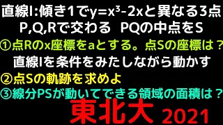 【東北大】２０２１年　大問4　３次関数と直線　軌跡と面積