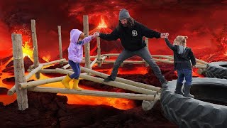 PUMPKiN CASTLE Slide  &  Hot Lava obstacle course!! Family Halloween tradition & floor is lava game!
