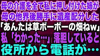 【スカッとする話】母の介護を全て私に押し付けた姉が母の他界後勝手に遺産配分した「あんたは草ボーボーの畑ねw」私「わかった…」落胆していると役所から電話が