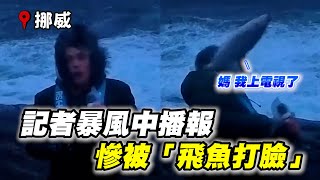 挪威最強風暴！記者連線遇襲　遭「飛魚打臉」放聲尖叫Man hit by fish, nearly swept away by massive wave in brutal storm｜搞笑｜國際