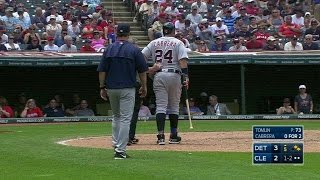 DET@CLE: Miggy fouls ball off his shin, stays in game