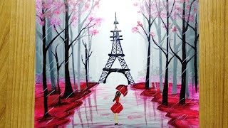 Eiffel tower painting / rainy season painting / a girl walk in the umbrella / lady in red painting