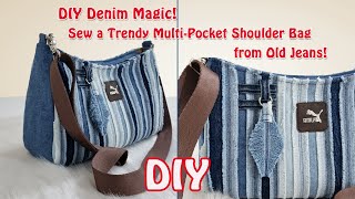 Cutting \u0026 Sewing a Stylish Multi-Pocket Shoulder Bag from Old Denim – New Shoulder Bag Tutorial