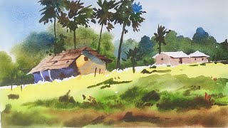 How to paint watercolour landscape for beginners | How to paint village scenery | Village Landscape