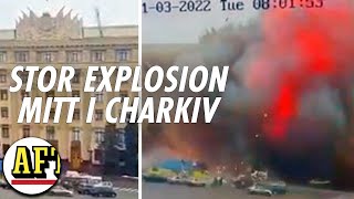 Här slår raketen ner i centrala Charkiv – stor explosion