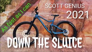 Riding the new Scott Genius down the 'Sluice' at full speed