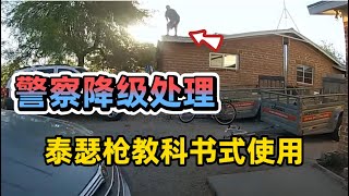 警察面对具有攻击性的嫌疑人时使用降级处理，展现了教科书式的泰瑟枪正确使用方法