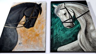 Horse Painting Tutorial / Black and White / Step by Step Double Horse Painting on 2 Canvas