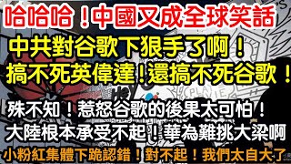 笑死人了！中國又成全球笑話！中共對谷歌下狠手了啊！14億國人嗨翻天！搞不死英偉達！還搞不死谷歌！殊不知！惹怒谷歌的代價太可怕！大陸根本承受不起！華為難挑大梁啊！小粉紅集體下跪認錯！對不起！是我們自大了