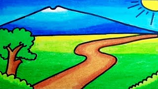 How To Draw a Landscape With Oil Pastels Step By Step | Drawing Landscape Very Easy