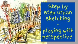 Step by step urban sketching - playing with perspective in Amsterdam