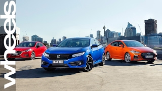 2016 Honda Civic vs Hyundai Elantra vs Mazda 3 review | Car Comparisons | Wheels Australia