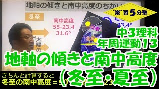 【中３理科　天体】年周運動１３　「地軸の傾きと南中高度（冬至・夏至）」