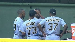 PIT@MIL: Rivero learning handshakes in the dugout