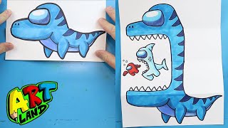 Drawing AMONG US MOSASAURUS Surprise Fold For Kids!