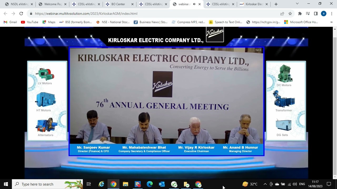 AGM Of Kirloskar Electric Company Ltd As On 14-08-2023 - YouTube