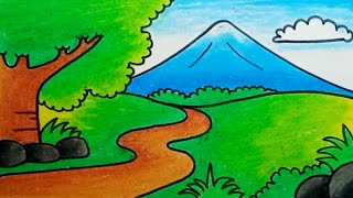 How To Draw Mountain Scenery Easy For Beginners |Drawing Mountain Scenery With Crayons