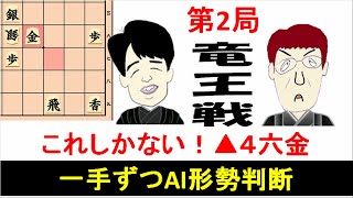 藤井聡太vs広瀬章人 [竜王戦第2局・かんたんAI解説] これしかない！▲４六金で快勝～タイに