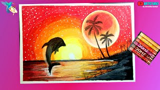 Dolphin Sunset Scenery drawing with oil pastels for beginners - step by step