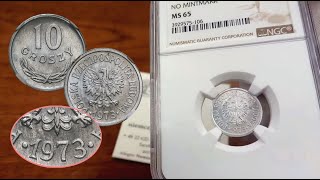 NAJRZADSZA MONETA PRL. 10 groszy 1973 aluminium BEZ ZNAKU mennicy NGC MS65  | Aukcja 26 Niemczyk