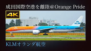 4K アムステルダム・スキポール空港を目指し夏の成田国際空港を離陸する、Boeing 777-306(ER) : 特別塗装機(Orange Pride)  KLMオランダ航空  PH-BVA