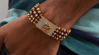 ✔ Om in Rectangle with Rudraksha and Diamond Gorgeous Design Gold Plated Bracelet for Men - Sty... ✔