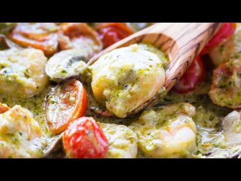 Creamy pesto shrimp with gnocchi and peas