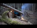 2-days alone deep in the wild forest. Build Shelter with cut wood logs. Rain. bushcraft Skills