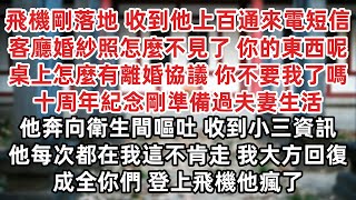 飛機剛落地 收到他上百通來電短信 客廳婚紗照怎麼不見了 你的東西呢 桌子上為什麼有離婚協議 你不要我了嗎 十周年紀念剛準備過夫妻生活他奔向衛生間嘔吐 收到小三資訊 我大方回復 成全你們登上飛機他瘋了