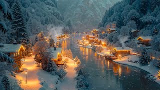 Cozy Winter Retreat: Peaceful Snowy Village Nights with Relaxing Smooth Jazz \u0026 Warm Cafes Lights☕