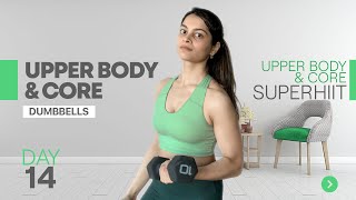 15 MIN No Repeat UPPER BODY & CORE Dumbbells HIIT WORKOUT - Day 14 of 28