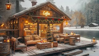 White Snow at Outside Coffee Shop Ambience with Relaxing Smooth Jazz Music and Snow Falling Weekend