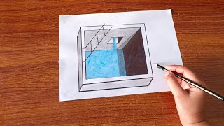 Easy 3d drawing stairs pool on paper for beginners - How to draw 3d