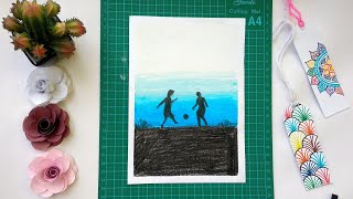 How to draw Scenery of Sunset with OIL PASTELS / Playing football drawing