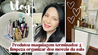 Produtos de maquiagem terminados💄Limpeza e organização dos armários da sala - o que guardo neles