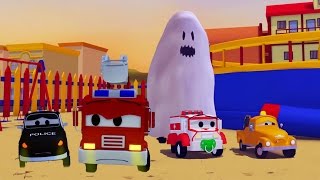 The Car Patrol: fire truck and police car and Ghost scaring the babies in Car City Special HALLOWEEN