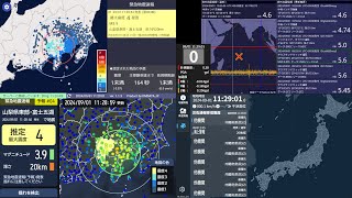 【🟨緊急地震速報（予報）】2024/09/01 11:28 山梨県東部・富士五湖 23km M4.2 最大震度3 津波の心配なし【強震モニタ】