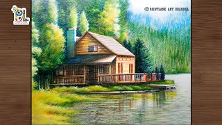 How to coloring wooden house and lake in the realistic scenery art || Very easy color pencil art