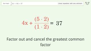 Solve 1/2(8x+10)=37: Linear Equation Video Solution | Tiger Algebra