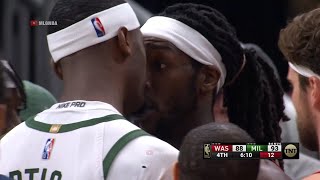 Giannis gets absolutely hacked by Montrezl Harrell and Bobby Portis immediately gets in Trez's face