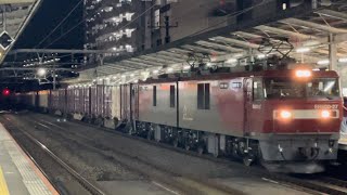 【約１０時間５０分遅れ】JR貨物EH500形27号機＋コキ20B（両）が西国分寺駅4番線を通過するシーン（3083レ・仙貨A158・コンテナ輸送）2024.10.25