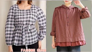 New Checkered Formal Cotton Blouse Shirts And Top/Plaid Tunic Top Shirts Styles For Ladies