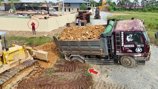 Amazing Start New Landfill! Dump Truck Back Uploading Stuck, Bulldozer D31P Push Soil, Mix VDO