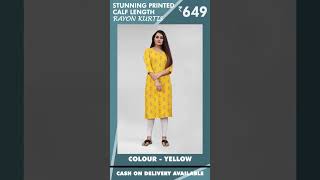 रु. 649/- Stunning Printed Calf Length Rayon Kurtis