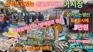 산골삼척새벽어시장 요즘한창뜨고있는데 삼척앞바다에서 지난밤에 잡은 살아있는생선회4접시에 3만원받고 파는집도있고 가자미도 도루묵도 또 아귀도 여러생선들이 있어요 날이밝으면서부터..