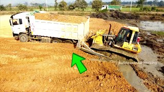 Incredible Dump Truck 25ton Drive Back Uploading Landslide Overturned Help Rescue Dozer D65PX Komat…