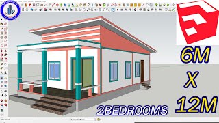 Simple House design in Sketchup Tutorial | Size (6x12)m 2bedrooms 1WC | Sketchup khmer 2020