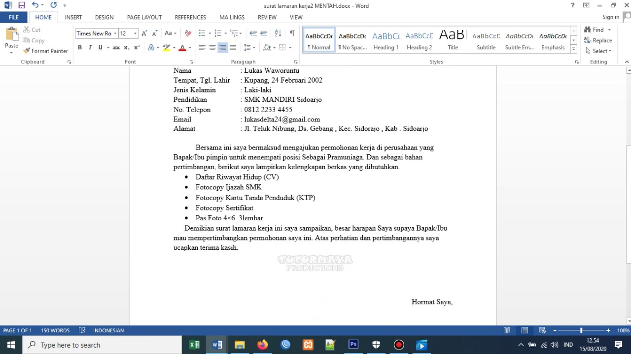 Belajar Word 3 Surat Lamaran Kerja Dan Cv Baru Lulus Youtube