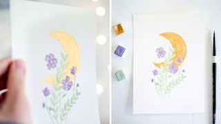 Crescent Moon with Flowers Watercolor Tutorial | Watercolor Painting for Beginners